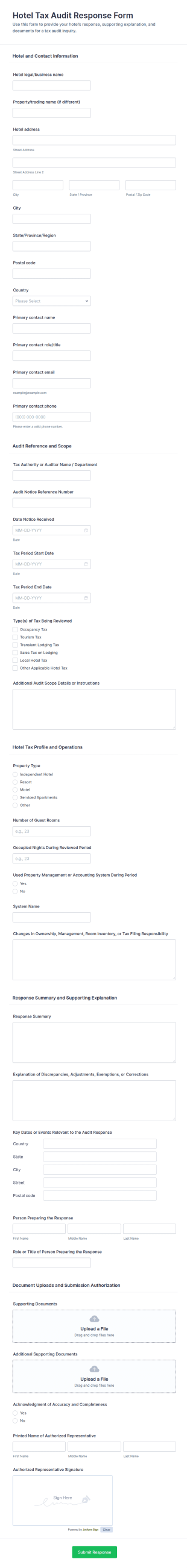Hotel Tax Audit Response Form Template