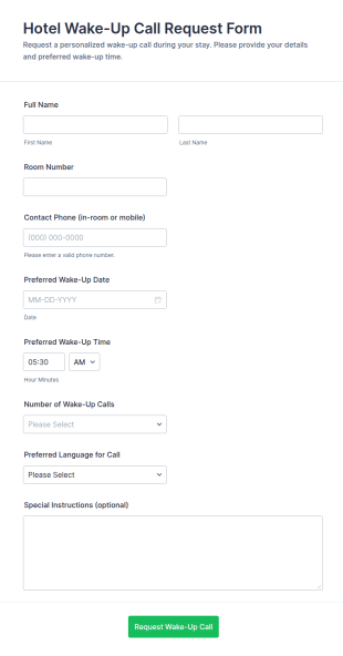 Hotel Wake Up Call Request Form Template