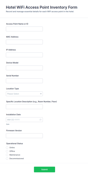 Hotel WiFi Access Point Inventory Form Template