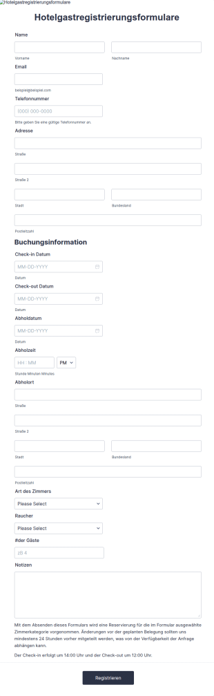 Hotelgastregistrierungsformulare