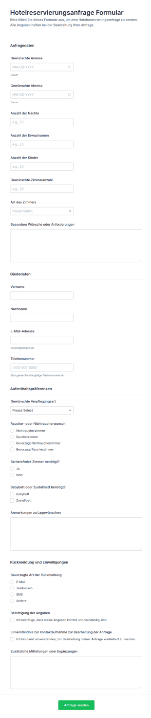 Hotelreservierungsanfrage Formular