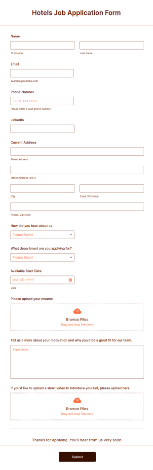 Hotels Job Application Form Template