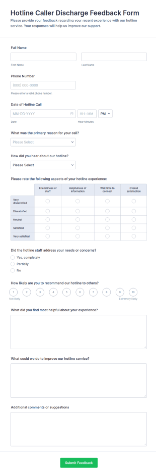 Hotline Caller Discharge Feedback Form Template