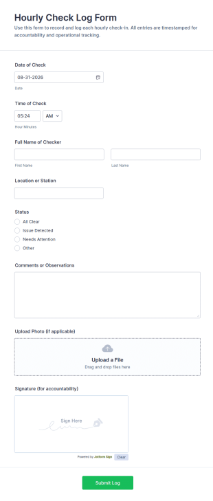 Hourly Check Log Form Template