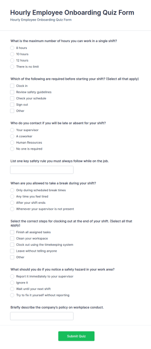 Hourly Employee Onboarding Quiz Form Template