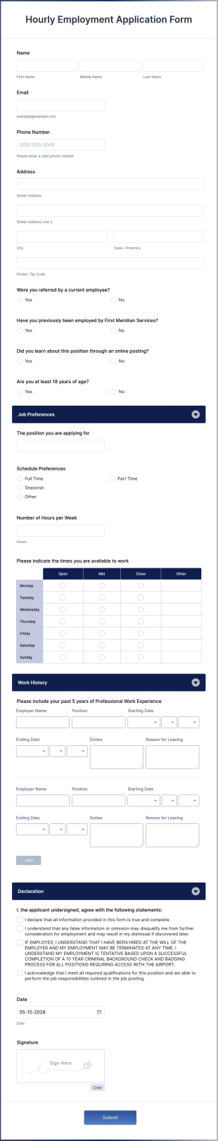 Hourly Employment Application Form Template