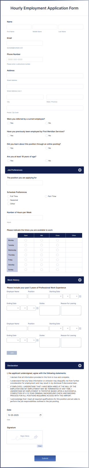 Hourly Employment Application Form Template