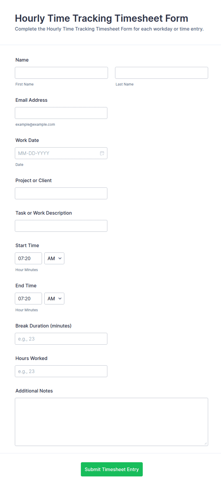 Hourly Time Tracking Timesheet Form Template | Jotform