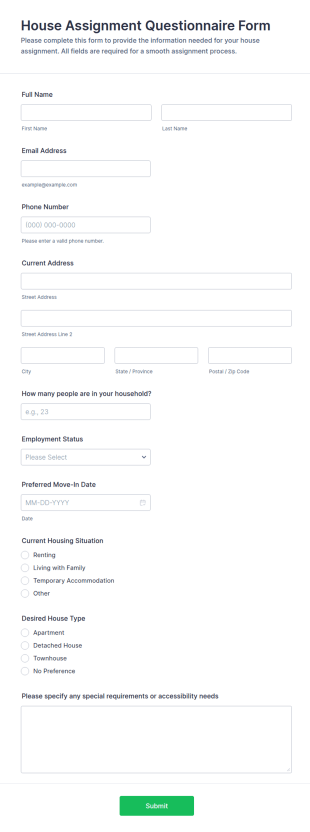 House Assignment Questionnaire Form Template