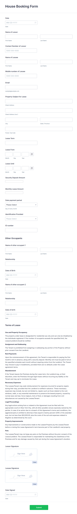 House Booking Form Template
