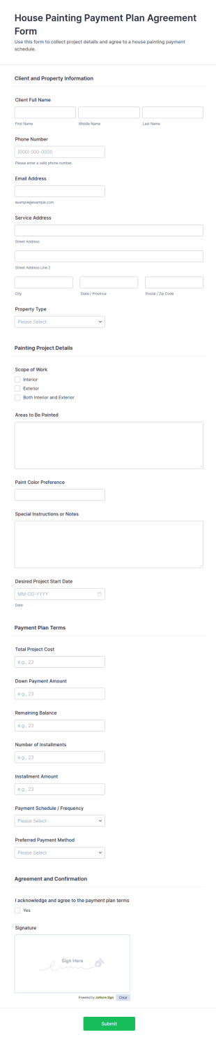 House Painting Payment Plan Agreement Form Template