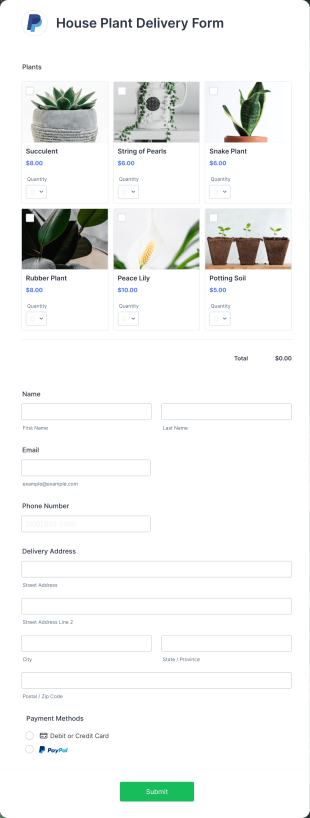 House Plant Delivery Form Template