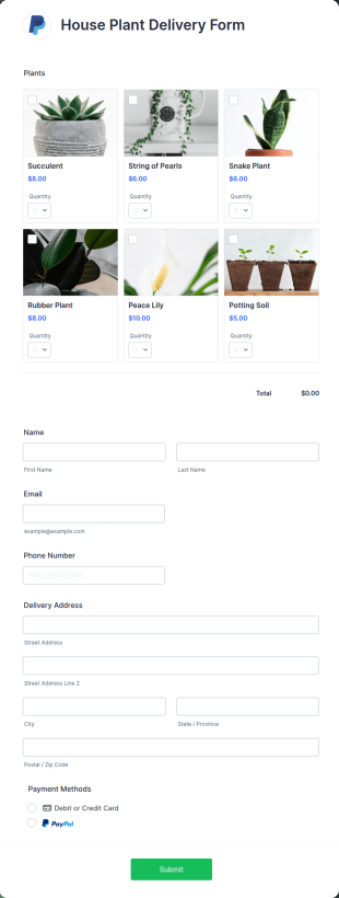 House Plant Delivery Form Template
