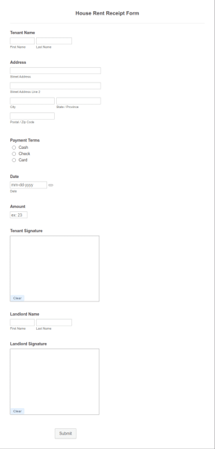 House Rent Receipt Form Template