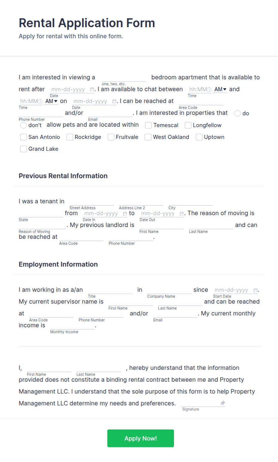 Printable Rental Application Form