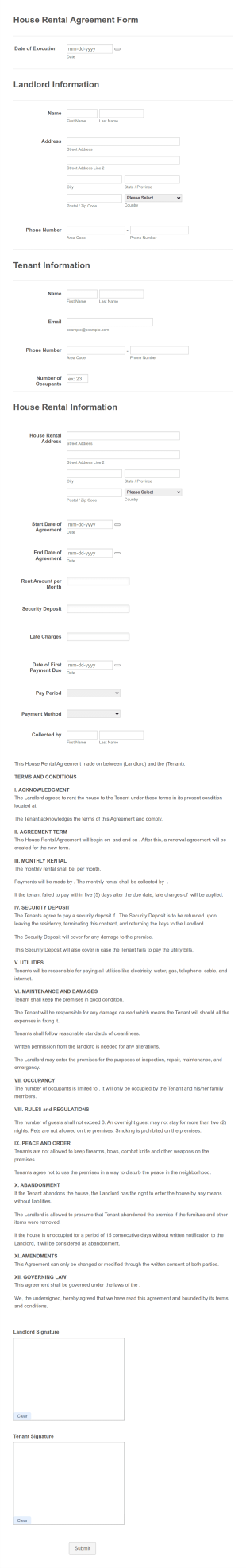 House Rental Lease Agreement Template