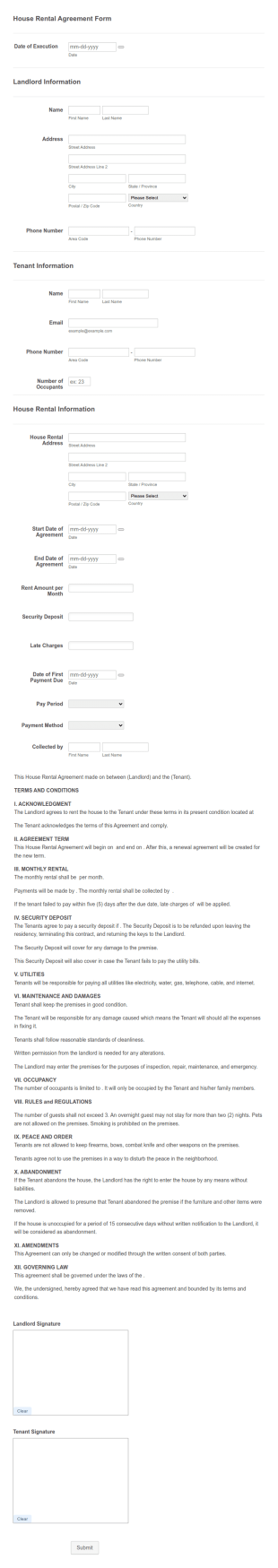 House Rental Lease Agreement Template