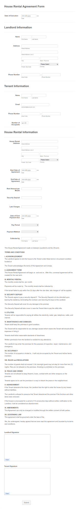 House Rental Lease Agreement Template