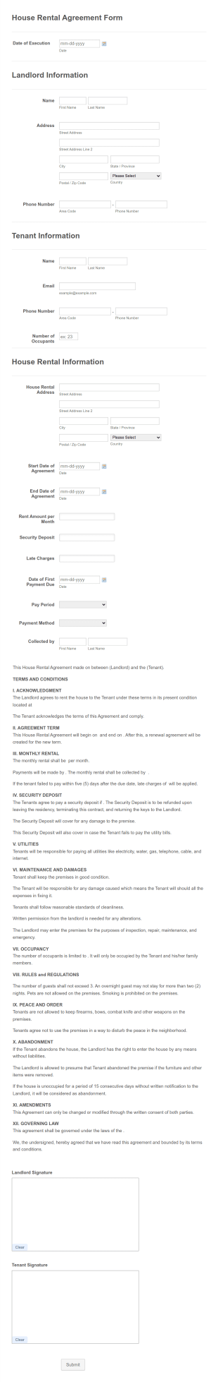 House Rental Lease Agreement Template Form Template