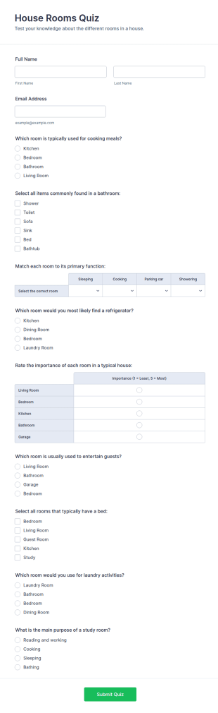House Rooms Quiz Form Template
