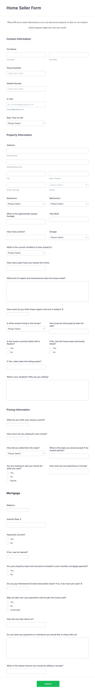 House Seller Form Template