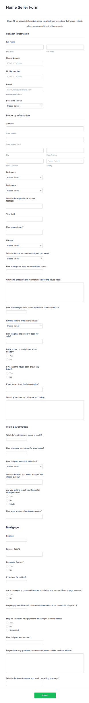 House Seller Form Template