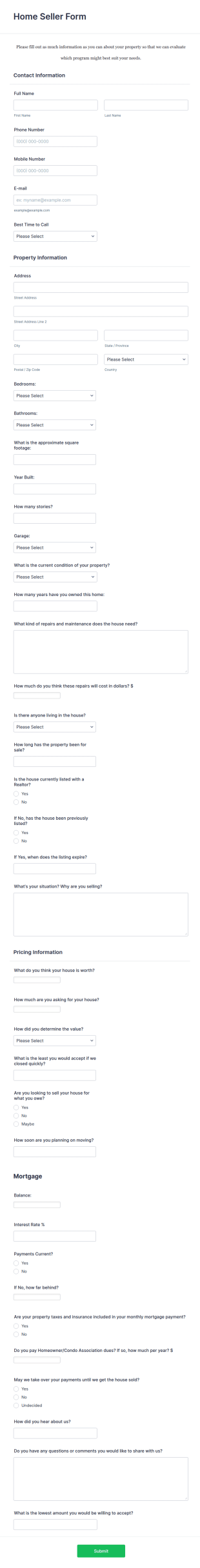 House Seller Form Template