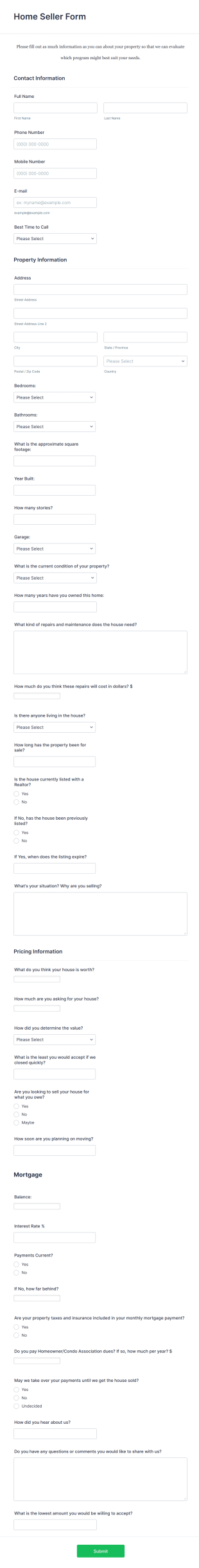 House Seller Form Template