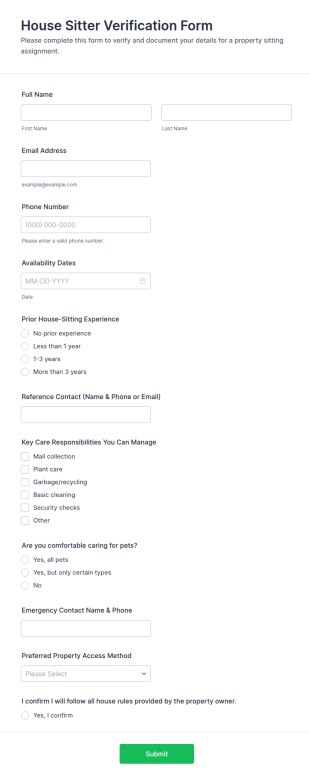 House Sitter Verification Form Template