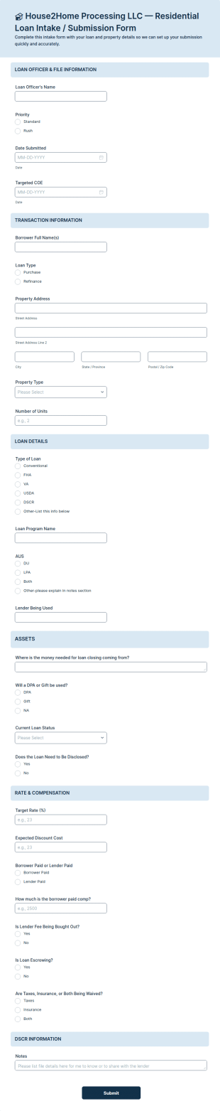 Residential Loan Intake Form Template