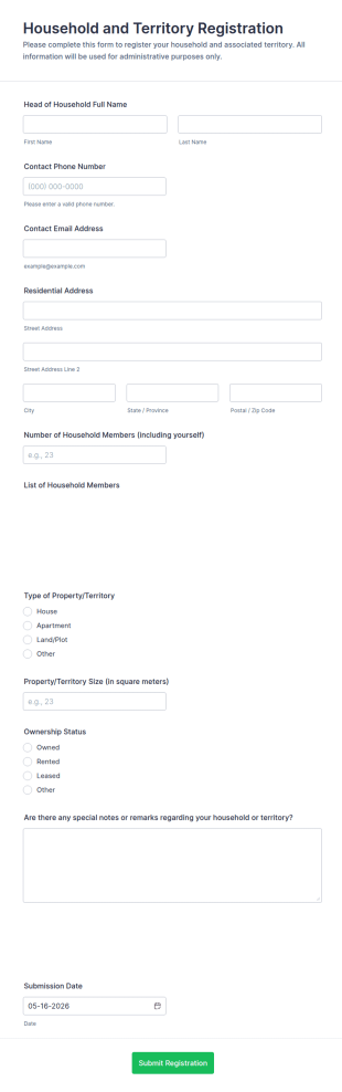 Household And Territory Registration Form Template