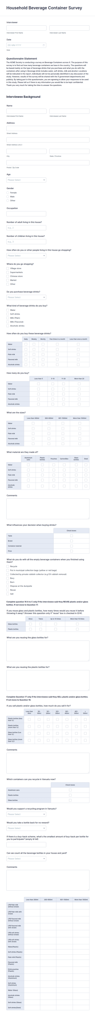 Household Beverage Container Survey Form Template