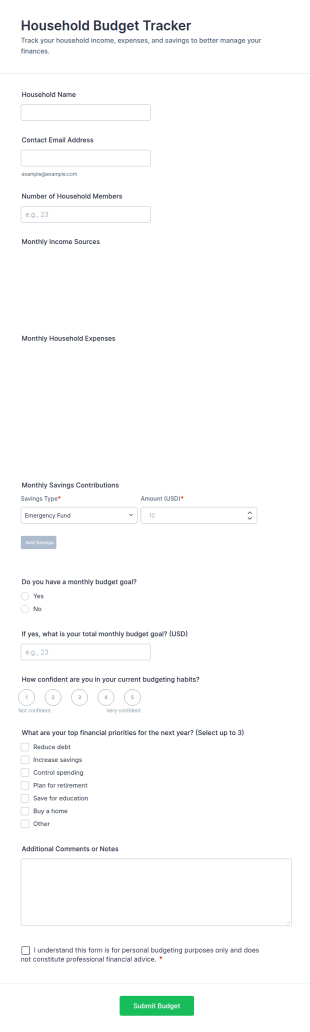 Household Budget Tracker Form Template