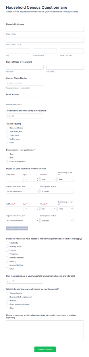 Household Census Questionnaire Form Template