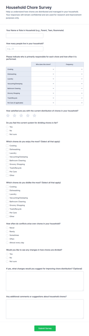 Household Chore Survey Form Template