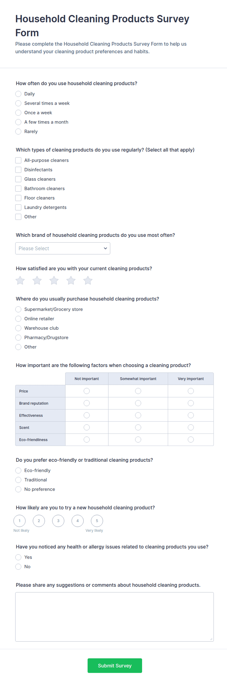 Household Cleaning Products Survey Form Template | Jotform