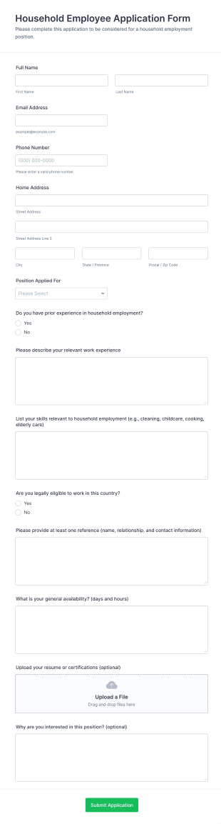 Household Employee Application Form Template