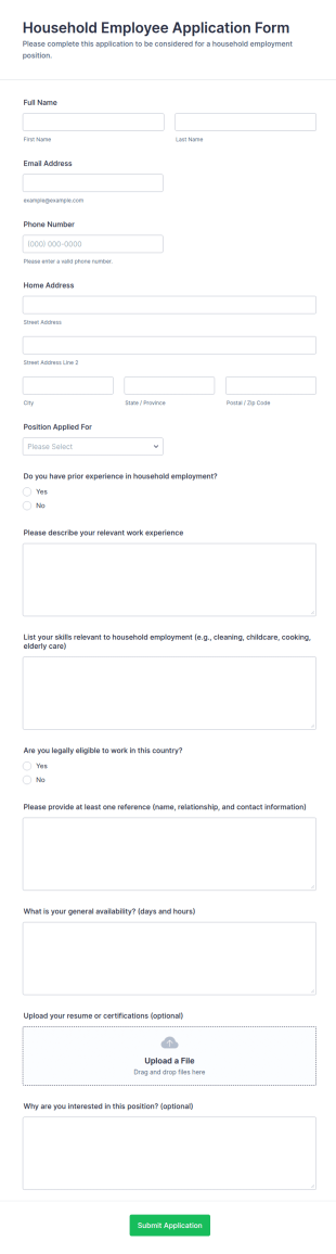 Household Employee Application Form Template