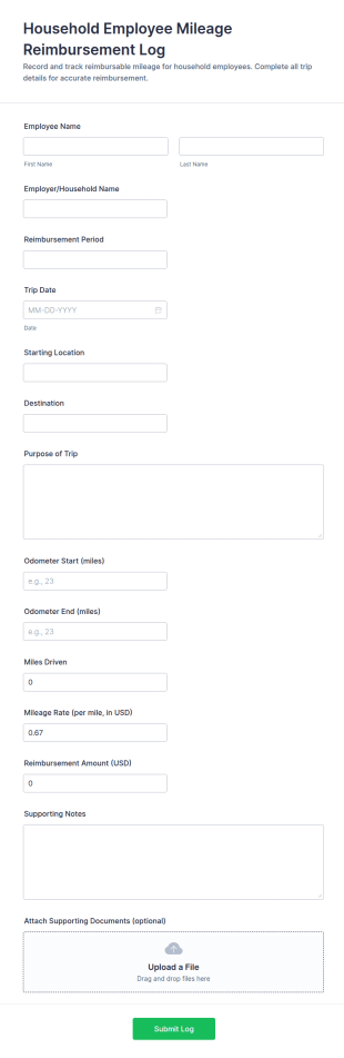 Household Employee Mileage Reimbursement Log Form Template