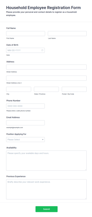 Household Employee Registration Form Template