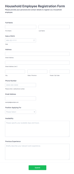 Household Employee Registration Form Form Template