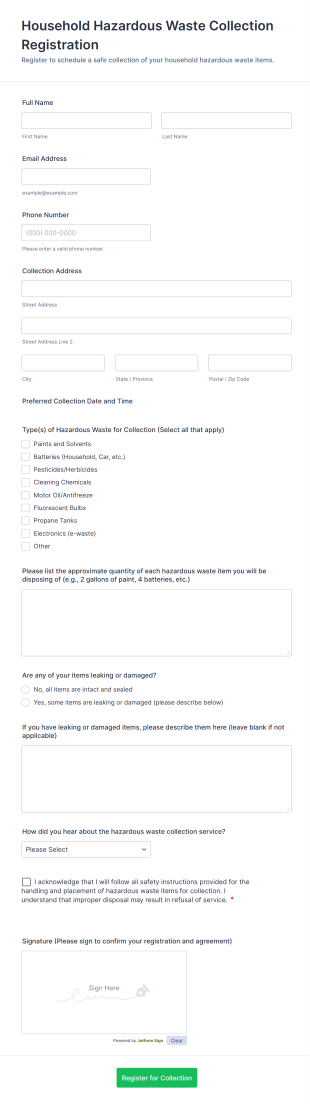Household Hazardous Waste Collection Registration Form Template