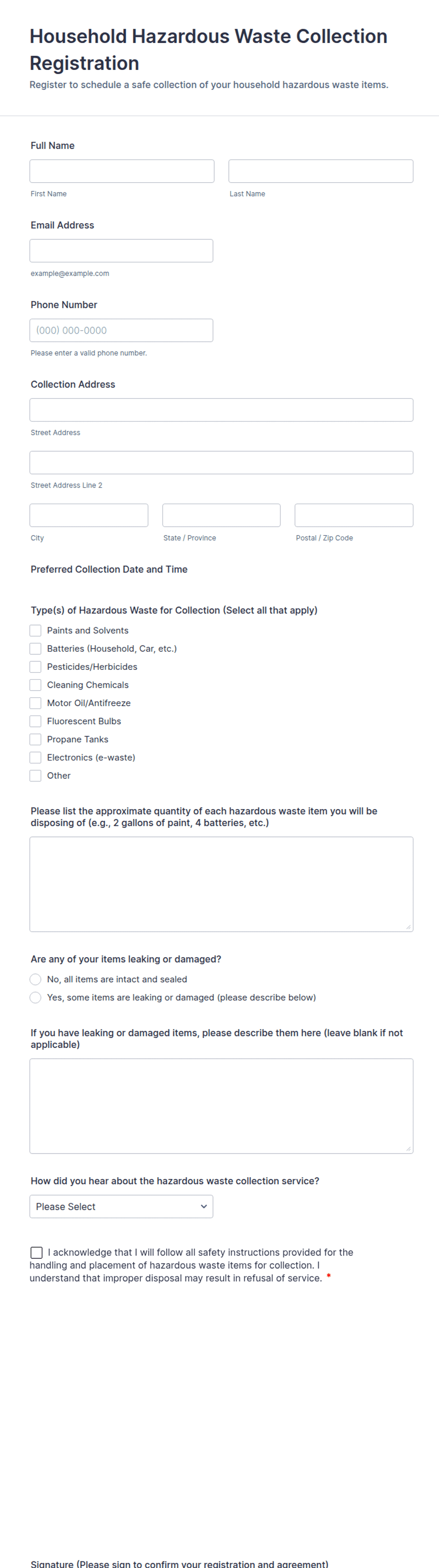 Gto Collection Form Household Hazardous Waste Collection Registration Form Template | Jotform