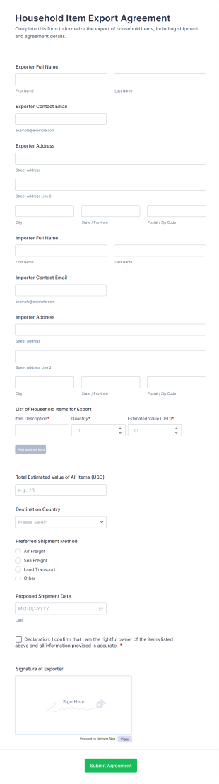Household Item Export Agreement Form Template