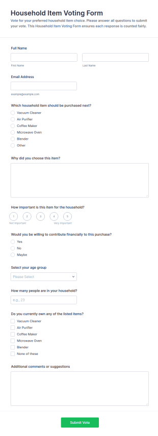 Household Item Voting Form Template