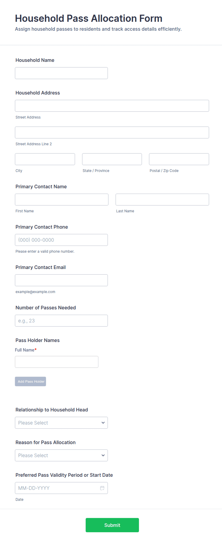Household Pass Allocation Form Template | Jotform