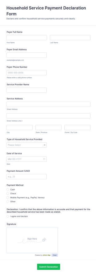 Household Service Payment Declaration Form Template