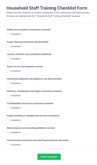 Household Staff Training Checklist Form Template