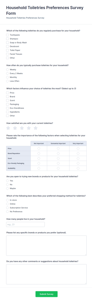 Household Toiletries Preferences Survey Form Template