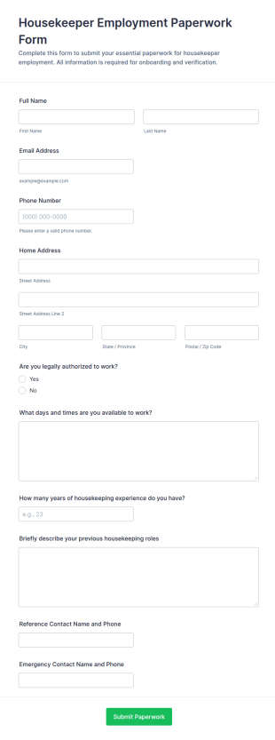 Housekeeper Employment Paperwork Form Template